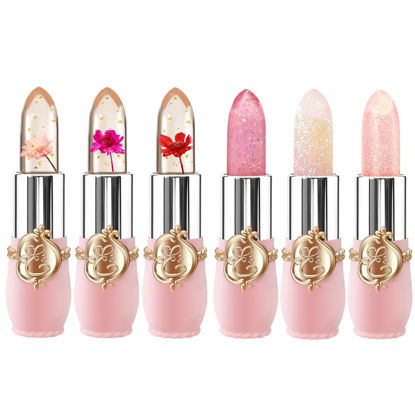 Picture of 6 Pcs/Set Flower Jelly Lipstick Set Temperature Change Moisturizer Long Lasting Nutritious Shimmer Lip Balm Magic Color Change Lip Gloss (Color Changing Lipstick Set B)