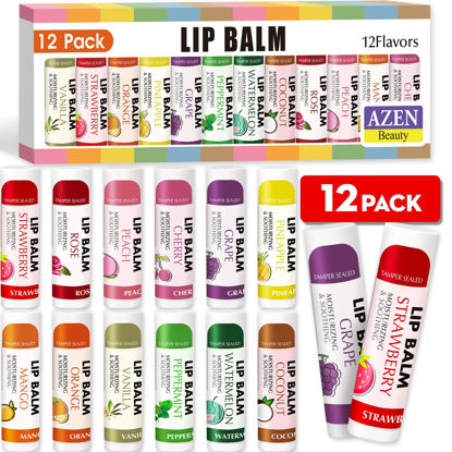 Picture of AZEN 12 Pack Lip Balm, Natural Lip Balm Bulk, Lip Care Product, Moisturizing Lip Balm for dry cracked lips - 12 Flavors