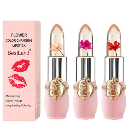 Picture of 3 Pcs/Set Flower Jelly Lipstick Set Temperature Change Moisturizer Long Lasting Nutritious Balm Magic Color Change Lip Gloss (3Pcs Flower Jelly Lipstick 010203)
