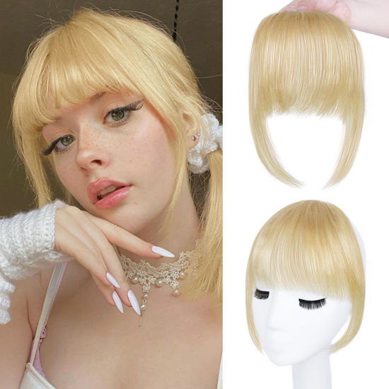 Picture of NAYOO Clip in Bangs - 100% Human Hair French Bangs Clip in Hair Extensions, Light Blonde French Bangs Fringe with Temples Hairpieces for Women Curved Bangs for Daily Wear