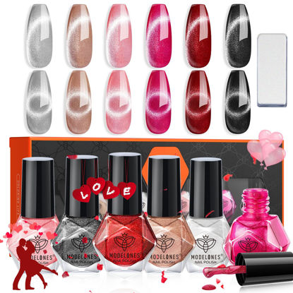 Picture of Modelones Nail Polish 6 Colors Cat Eye Silver Black Shimmer Glitter with Magnet Mini Nail Polish Set Quick Dry Finger Nail Polish Bulk Manicure Diy Nail Art Salon Home Valentine’s Gift for Women Girl