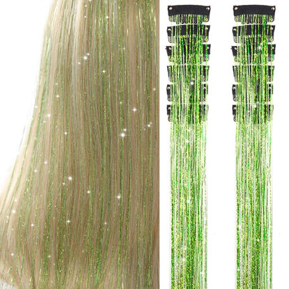 Picture of Hair Tinsel Pack of 12 Pcs Clip in Hair Tinsel 20 Inch Glitter Green Tinsel Green Hair Extensions, Festival Tinsel Fairy Hair Party Dazzle Hair Accessories Strands Kit(12Pcs,Grass Green#)