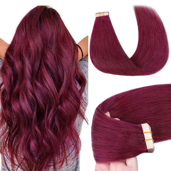Picture of GOO GOO Tape in Hair Extensions Human Hair, Burgundy 10inch 30g 20pcs, Thick Ends Straight Seamless, Invisible Tape in Hair Extensions Human Hair