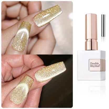 Picture of Double Rhythm Jelly Glass Cat Eye Gel Polish with Magnet 15ML Holographic Glitter Shimmer Translucent Sheer Color Magnetic Nail Polish Salon DIY at Home (Light Gold-MC1064)