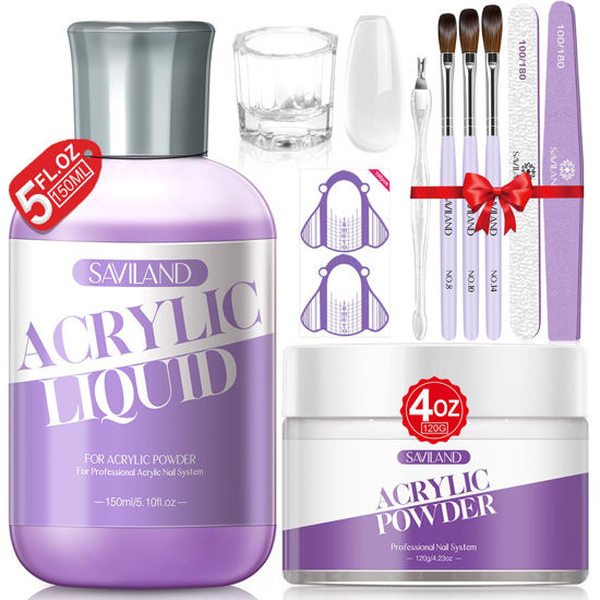 Picture of SAVILAND 9 OZ Acrylic Nail Kit - 4 OZ Clear Acrylic Powder and 5 OZ Acrylic Liquid with Acrylic Brush Nail Forms for Manicure Application Extension Nail Kit for Starters with Everything Home DIY Salon