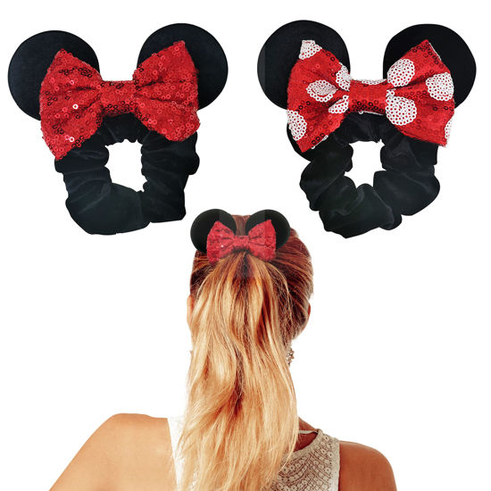 Picture of Styla Hair 2pk Mouse Ear Scrunchies for Kids Velvet Hair Bow Scrunchies for Women - Sparkle Sequins Mouse Hair Bands for Pony Tail (Red Black)