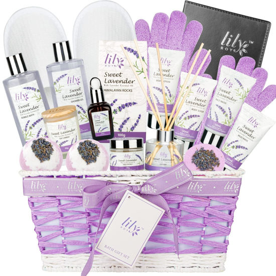 Picture of 18 Pcs Lavender Valentines Day Gifts Bath and Body Gift Basket Set for Women Spa Kit Spa Gift Basket Set for Christmas Mom Birthday Gifts for Women Spa Set Bath Set Spa Gift Set for Women Mothers Day