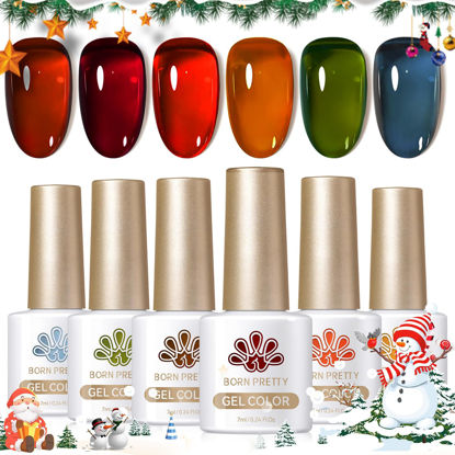 Picture of Born Pretty Jelly Gel Nail Polish, Sheer Transparent Crystal Gel Nail Polish, Christmas Brown Red Orange Green Blue Fall Winter Soak off Nail Polish Manicure DIY Home Salon Christmas Gift 7ml 6colors