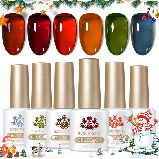 Picture of Born Pretty Jelly Gel Nail Polish, Sheer Transparent Crystal Gel Nail Polish, Christmas Brown Red Orange Green Blue Fall Winter Soak off Nail Polish Manicure DIY Home Salon Christmas Gift 7ml 6colors