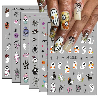 Picture of 6 Sheets Halloween Nail Art Stickers 3D Self Adhesive Cute Coal Ball Ghost Skull Designs Halloween Nail Stickers Pumpkin Spider Web Stars Bat Nail Decals Stickers Halloween Nail Art Supplies for Women