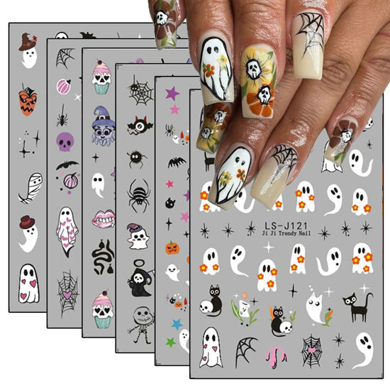 Picture of 6 Sheets Halloween Nail Art Stickers 3D Self Adhesive Cute Coal Ball Ghost Skull Designs Halloween Nail Stickers Pumpkin Spider Web Stars Bat Nail Decals Stickers Halloween Nail Art Supplies for Women