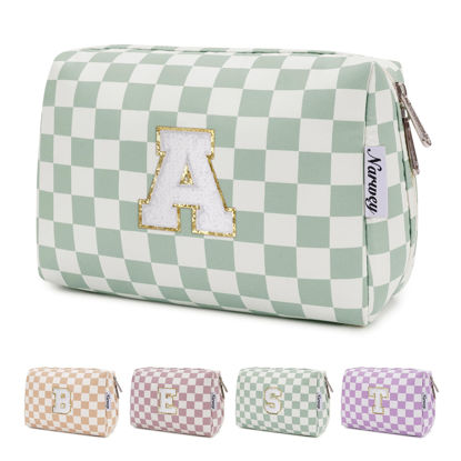 Picture of Narwey Christmas Gifts for Girls Personalized Initial Checkered Makeup Bag Cosmetic Bag gifts for teen girls Trendy Stuff 11 12 13 14 16 18 years old Travel Toiletry Bag Organizer for Women (Green A)