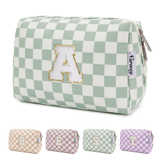 Picture of Narwey Christmas Gifts for Girls Personalized Initial Checkered Makeup Bag Cosmetic Bag gifts for teen girls Trendy Stuff 11 12 13 14 16 18 years old Travel Toiletry Bag Organizer for Women (Green A)