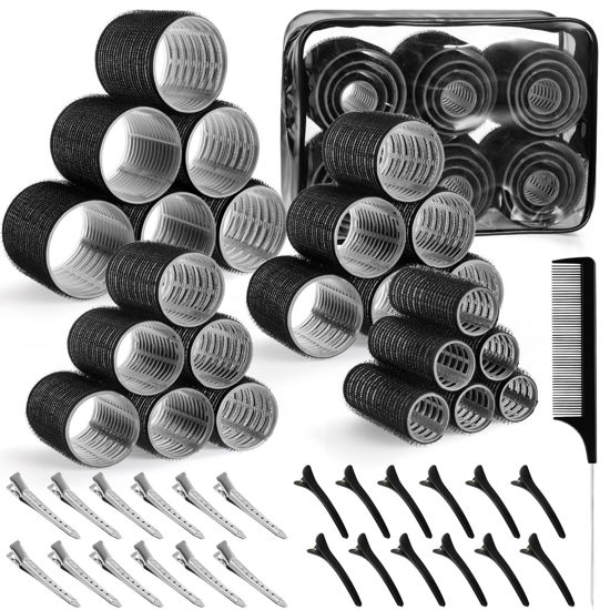 Picture of 4 Sizes Self-Grip Hair Rollers Set - 50 Pcs Jumbo Curlers for Long, Short Hair and Bangs (25mm, 36mm, 48mm, 60mm) With Clips, Black