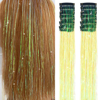Picture of Hair Tinsel Pack of 12 Pcs Clip in Hair Tinsel 20 Inch Yellow Glitter Tinsel Hair Extensions Tinsel Fairy Hair Party Dazzle Hair Accessories Strands Kit (12Pcs,Dazzle Light Yellow#)