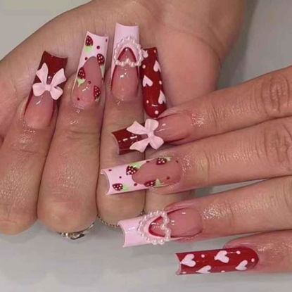 Picture of Foccna Press on Nails Long Rhinestone Pink Fake Nails Black Nails Square Bling Glossy 3D Flower False Nail Tips Artificial Nails Finger Manicure for Women and Girls-24pcs (Long Nails 3)
