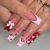 Picture of Foccna Press on Nails Long Rhinestone Pink Fake Nails Black Nails Square Bling Glossy 3D Flower False Nail Tips Artificial Nails Finger Manicure for Women and Girls-24pcs (Long Nails 3)