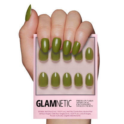 Picture of Glamnetic Press On Nails - Moss Green | Opaque Earthy Green Short Oval False Nails, Reusable Stick On Fake Nails with Glue | Salon Quality | 15 Sizes - 30 Nail Kit