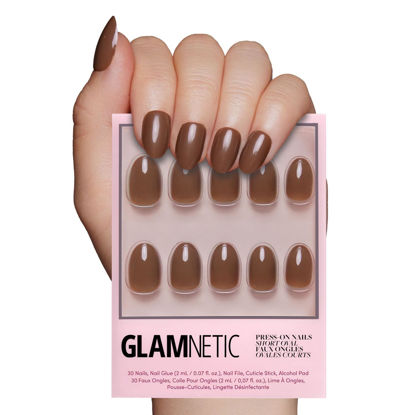 Picture of Glamnetic Press On Nails - Chocolate Brown | Opaque Muted Soft Brown Short Oval False Nails, Reusable Stick On Fake Nails with Glue | Salon Quality | 15 Sizes - 30 Nail Kit