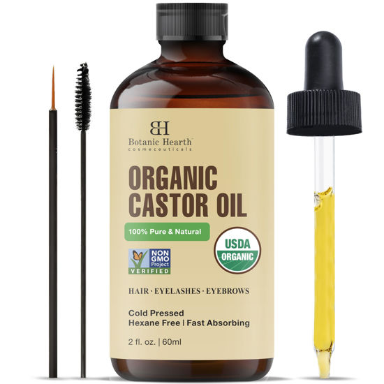 Picture of Botanic Hearth Castor Oil (2 fl oz) | USDA Certified Organic | 100% Pure & Hexane Free | Cold Pressed |Promotes Growth for Eyelashes, Eyebrows & Hair | Includes Eyebrow & Eyelash Brush