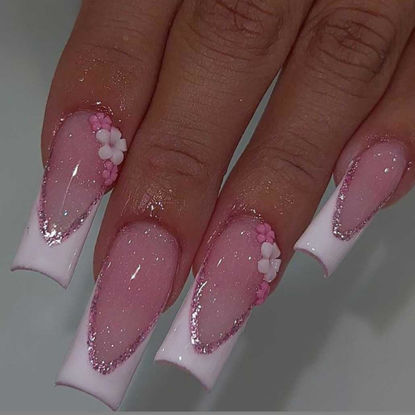 Picture of Foccna Press on Nails Long Rhinestone Pink Fake Nails Black Nails Square Bling Glossy 3D Flower False Nail Tips Artificial Nails Finger Manicure for Women and Girls-24pcs (Long Nails 5)