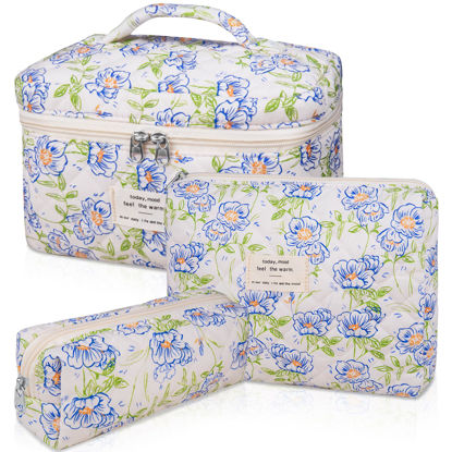 Picture of 3PC Makeup Bag Set, Quilted Makeup Bag, Large Floral Cosmetic Bag for Women, Cute Cotton Makeup Bags, Flower Travel Toiletry Organizer Bag (light blue)