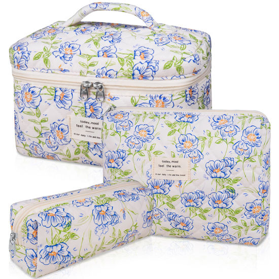 Picture of 3PC Makeup Bag Set, Quilted Makeup Bag, Large Floral Cosmetic Bag for Women, Cute Cotton Makeup Bags, Flower Travel Toiletry Organizer Bag (light blue)