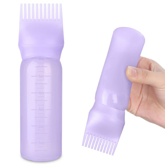 Picture of FXSPLCZ Root Comb Applicator Bottle Oil Applicator for Hair Dye Hair Oiling Bottle with Graduated Scale, 6 Ounce (Purple)