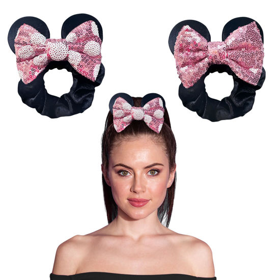 Picture of Styla Hair 2pk Mouse Ear Scrunchies for Kids Velvet Hair Bow Scrunchies for Women - Sparkle Sequins Mouse Hair Bands for Pony Tail (Light Pink)