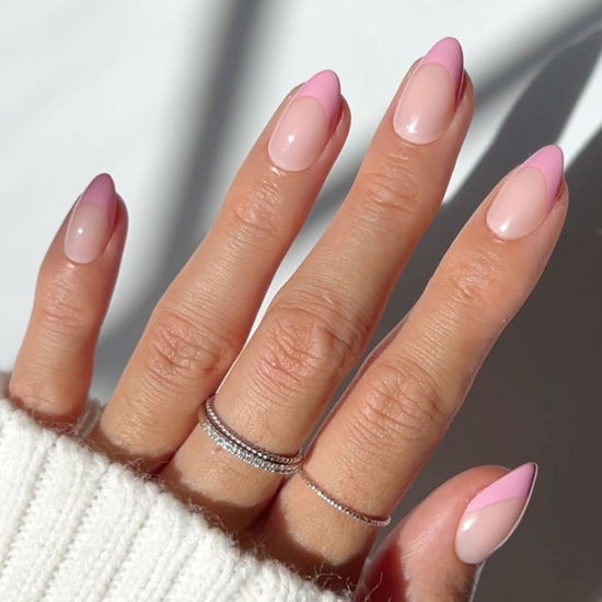 Picture of Glamnetic Press On Nails - Pink Macaron | Semi-Transparent Pastel Light Pink French Tip Short Almond False Nails, Reusable Stick On Fake Nails with Glue | Salon Quality | 15 Sizes - 30 Nail Kit
