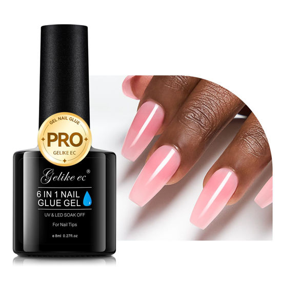 Picture of Gelike EC Sheer Blush Pink Nail Glue Gel - 6 in 1 Nail Glue Nude Pink for Clear Acrylic Nail French Manicure,Long Lasting Adhesive UV Nail Glue for Clear Press On Nail Tips,UV Cure Required
