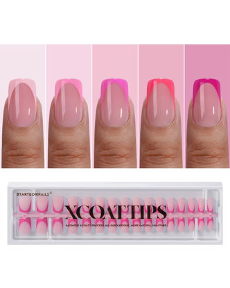 Picture of BTArtboxnails XCOATTIPS Pink French Tip Press On Nails - Short Press On Nails Square, Soft Gel Nail Tips, 160Pcs Soak Off Acrylic Pink Fake Nail Extension in 16 Sizes