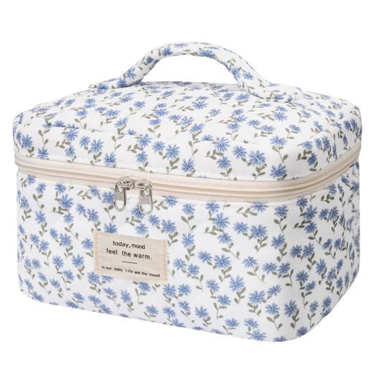 Picture of Large Makeup Bag, Cute Cosmetic Bag for Women Girls, Floral Coquette Aesthetic Toiletry Bag, Travel Make Up Organizer Bag (Blue Peacock Flower)