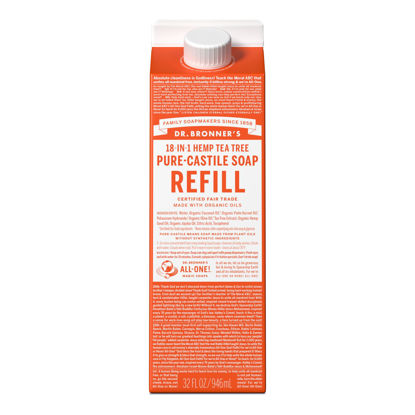 Picture of Dr. Bronner's - Pure-Castile Liquid Soap Refill, 82% Less Plastic per Quart, Made with Organic Oils, 18-in-1 Uses, For Face, Body, Hand Soap Refill, Hair, Laundry, Pets & Dishes (32oz, Tea Tree)