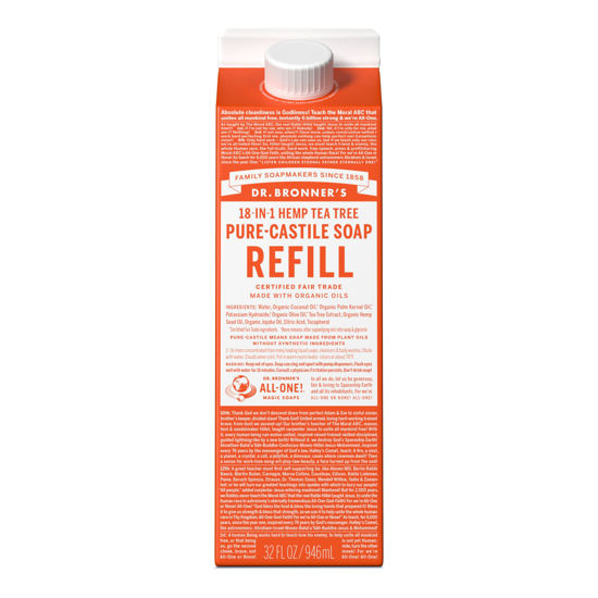 Picture of Dr. Bronner's - Pure-Castile Liquid Soap Refill, 82% Less Plastic per Quart, Made with Organic Oils, 18-in-1 Uses, For Face, Body, Hand Soap Refill, Hair, Laundry, Pets & Dishes (32oz, Tea Tree)