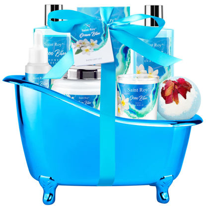 Picture of Birthday Gifts for Women, Luxury Home Spa Kit, 8pcs Bath Gift Set Ocean & Vanilla, Gift Baskets for Women Unique with Bath Bombs, Sea Salt, Scented Candle, Body Lotion