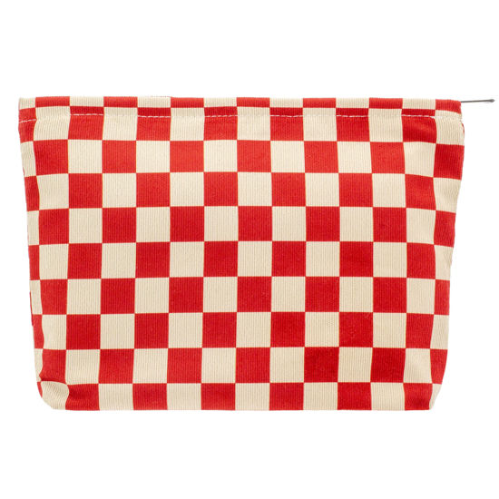 Picture of PAZIMIIK Makeup Bag Large Zipper Corduroy Make Up Pouch for Purse Travel Canvas Cosmetic Organizer for Women Brush Storage,Checkered Red