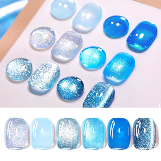 Picture of Born Pretty Jelly Gel Nail Polish, Glitter Gel Polish, Blue Cat Magnetic Eye Gel Nail Polish, Sheer Crystal Auroras Pearl Mermaid Gel Nail Polish Nail, Summer Spring Manicure 6PCS 7ml