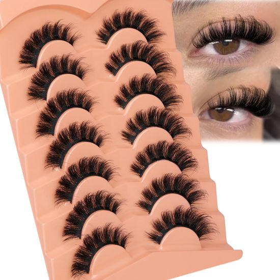 Picture of JIMIRE Mink Lashes Fluffy Cat Eye False Eyelashes D Curl Russian Strip Lashes Natural Look Soft Fake Lashes Volume Eyelash Extensions 7 Pairs Pack