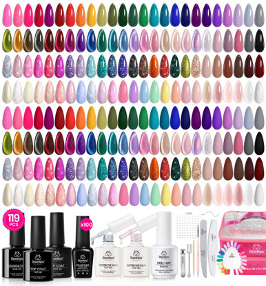 Picture of Beetles Gel Nail Polish Set, 119 PCS 100 Colors Gel Polish Kit Base Glossy Matte Glitter Top Coat Gel Polish Pastel Glitter Pearl Cat Eye White Red Pink Nude Green Blue Gel Valentines Gift for Women