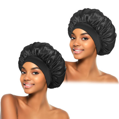 Picture of 2Pcs Silk Bonnet for Sleeping, Satin Hair Bonnets, Soft Elastic Band Silk Sleep Cap, Hair Wrap for Women(Black)