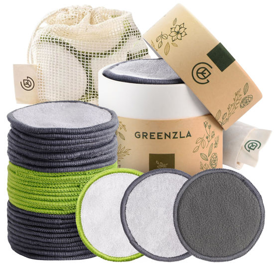 Picture of Greenzla Reusable Makeup Remover Pads, 30 Pack Washable Bamboo Cotton Pads Reusable with Mesh Laundry Bag, Cotton Travel Pouch, Cotton Pads Holder, Reusable Cotton Rounds for Face for All Skin Types