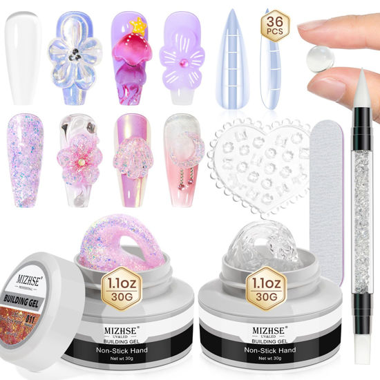 Picture of MIZHSE 2PCS Solid Builder Gel for Nails: 30g/1oz Clear & Pink Glitter Hard Gel for Nails 3D Nail Gel with Nail Forms 3D Silicone Mold Soak off U V Nail Builder Gel for Nail Art Manicure Home DIY