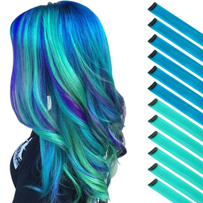 Picture of FESHFEN Colored Hair Extension, 12 PCS Teal Blue and Royal Blue Clip in Hair Extension Highlight Colorful Straight Synthetic Hairpieces for Women Girls, 22 inch