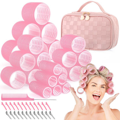 Picture of obeoby 50 Pcs in 1 Pack 4 Sizes Hair Rollers with Gift Makeup Bag, 24 Pcs Rollers Hair Curlers Self Grip Hair Rollers with 24 Pcs Hair Clips, Comb, 25/36/48/60 mm Curlers for Volume Medium Long Hair