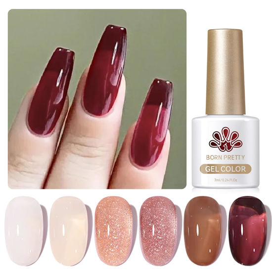 Picture of Born Pretty Jelly Gel Nail Polish, Autumn Winter Sheer Gel Nail Polish, Milky Brown Nude Crystal Transparent Gel Polish Gel Manicure DIY Salon Nail Art Gifts Women Girls 7ML 6PCS