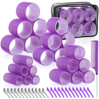 Picture of obeoby 4 Sizes Rollers Hair Curlers, 50 Pcs Set Jumbo Hair Rollers 25mm 36mm 48mm 60mm Self Grip Hair Rollers with Clips, Curlers for Long/Short Hair, Purple
