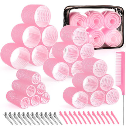 Picture of 4 Sizes Self-Grip Hair Rollers Set for Long, Short Hair and Bangs - 50 Pcs with Clips (25mm, 36mm, 48mm, 60mm), Pink