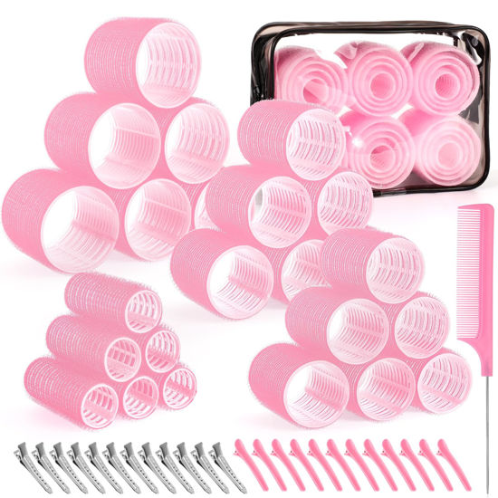 Picture of 4 Sizes Self-Grip Hair Rollers Set for Long, Short Hair and Bangs - 50 Pcs with Clips (25mm, 36mm, 48mm, 60mm), Pink