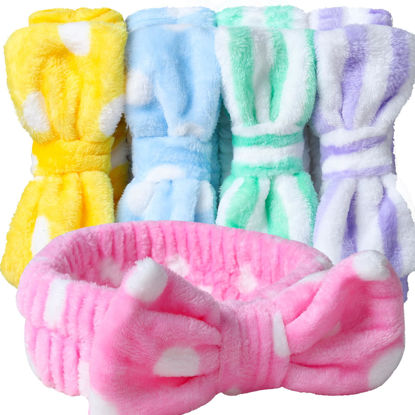 Picture of Teenitor Hairband, 5pcs Makeup Headband with Removable Bow, Spa Headband for Washing Face, Makeup, Shower, Microfiber Headband for Girls Women Gift